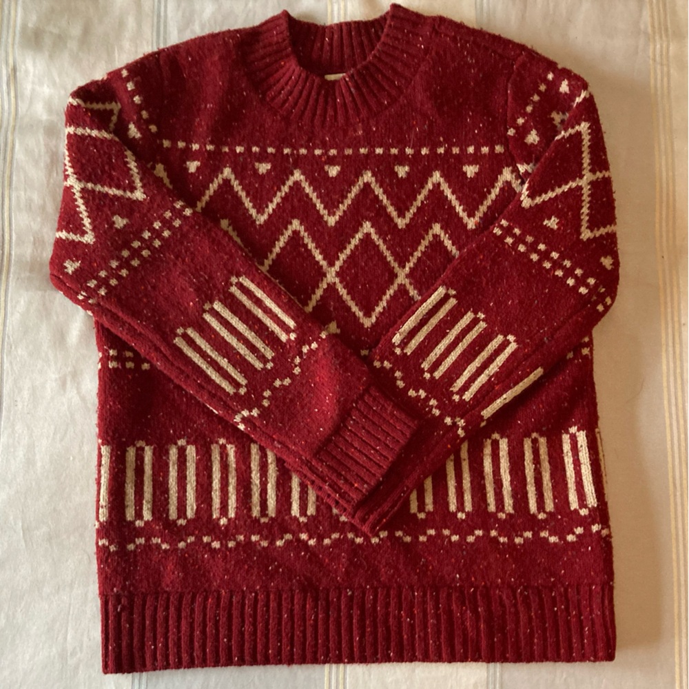 Orvis Red Wool/Cashmere Crewneck Sweater w/ Cream Geometric Pattern, sz Small